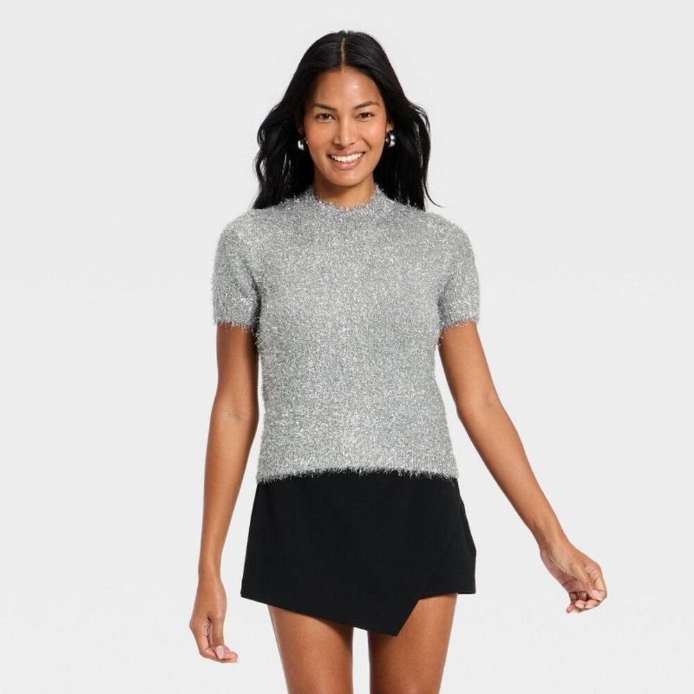 Women's Short Sleeve Round Neck Tinsel Sweater T-Shirt - A New Day Silver M